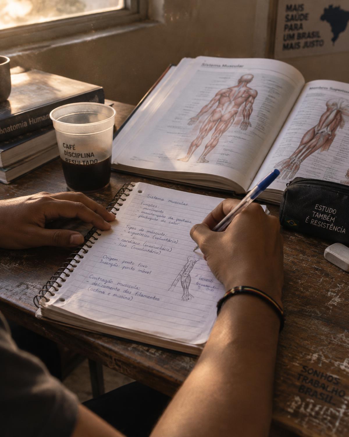 Mãos de um estudante fazendo anotações à mão ao lado de um atlas de anatomia aberto